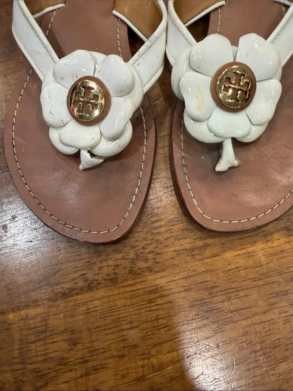 Tory Burch White Floral Logo Thong Sandals